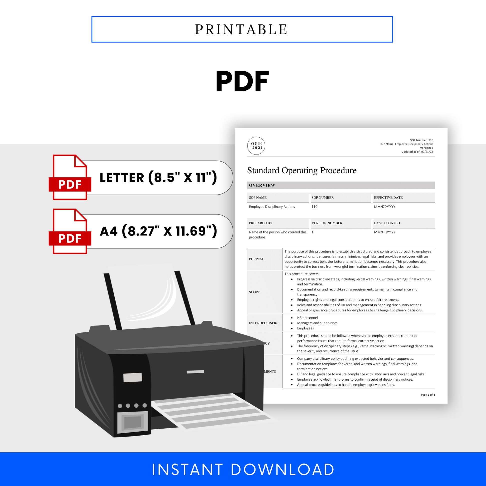 Printer graphic showing the SOP as a printable PDF in two standard sizes for easy physical documentation