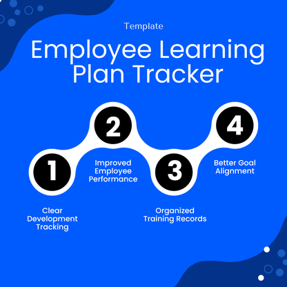Blue infographic illustrating benefits of using an employee learning plan tracker, including improved employee performance, organized training records, clear development tracking, and better goal alignment