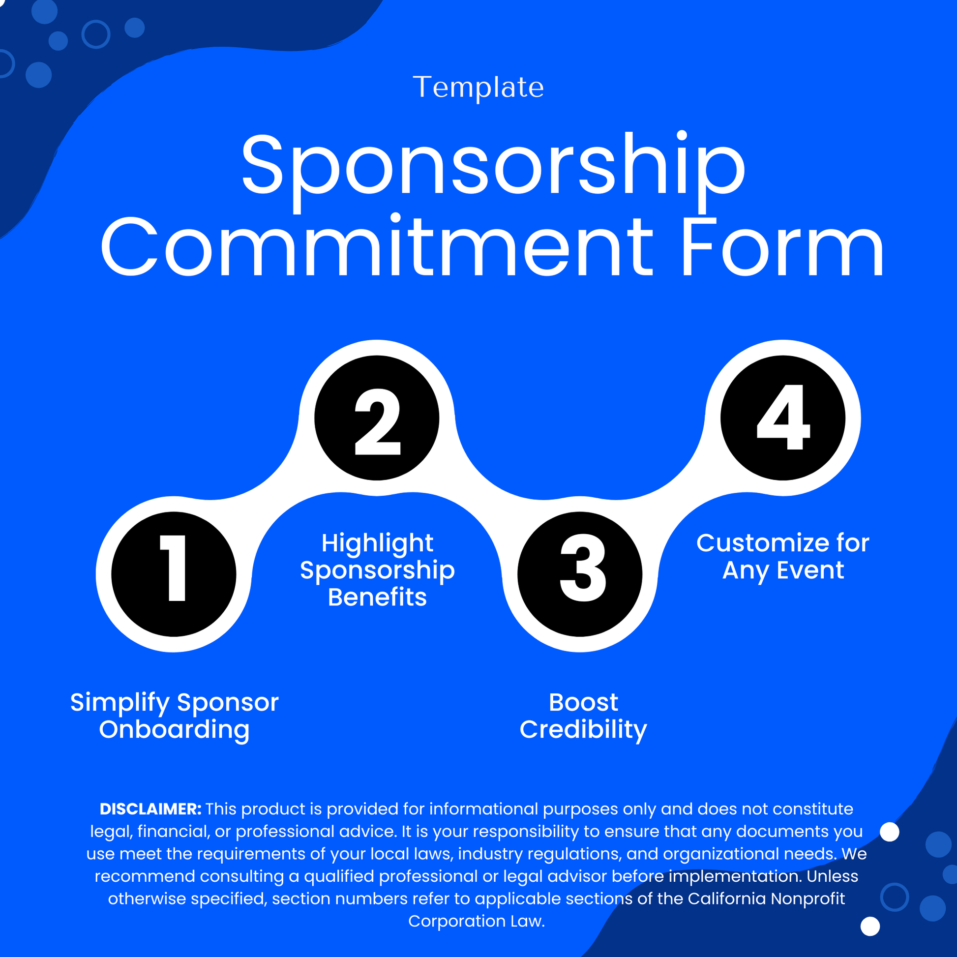 Modern Sponsorship Commitment Form template graphic illustrating benefits like simplifying sponsor onboarding and boosting credibility. This editable Sponsorship Commitment Form Template supports event organizers and nonprofits in streamlining sponsorship processes and customization.