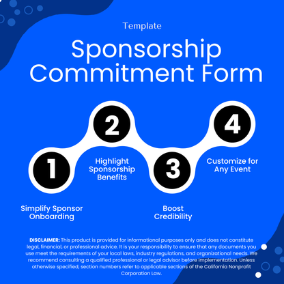Modern Sponsorship Commitment Form template graphic illustrating benefits like simplifying sponsor onboarding and boosting credibility. This editable Sponsorship Commitment Form Template supports event organizers and nonprofits in streamlining sponsorship processes and customization.