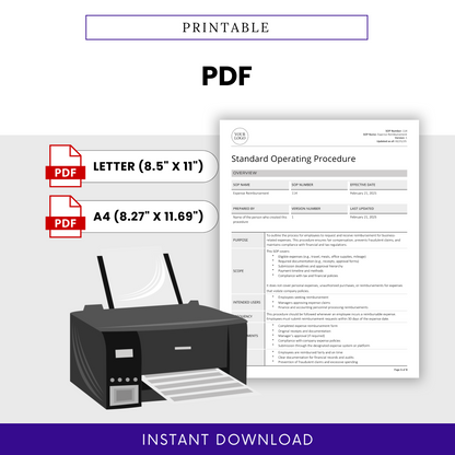 Expense Reimbursement SOP template in printable PDF format. Available in Letter (8.5” x 11”) and A4 (8.27” x 11.69”) sizes. Features a document preview alongside a printer illustration, emphasizing ease of printing. Includes PDF icons and an 'Instant Download' banner.