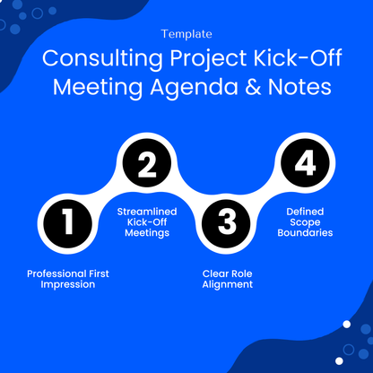 Modern infographic highlighting the benefits of using the template, including creating a professional first impression, streamlining meetings, clarifying roles, and defining project scope boundaries