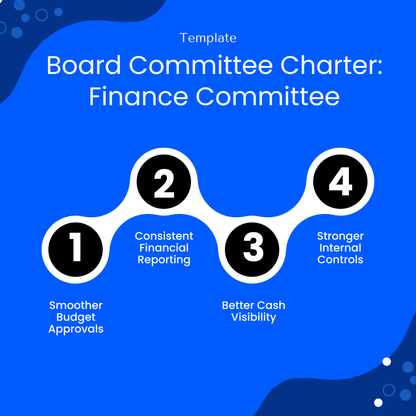 Finance committee charter template benefits infographic showing improved budget approvals financial reporting cash visibility and stronger internal controls for nonprofit organizations