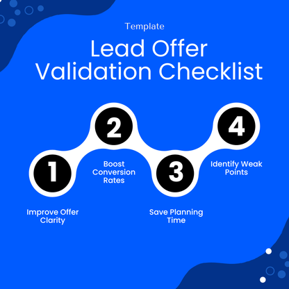 Simple Lead Offer Validation Checklist Template visual highlighting benefits like improving offer clarity, boosting conversion rates, and saving planning time. This Lead Offer Validation Checklist Template Word and PDF is a practical business template for marketers and entrepreneurs looking to identify weak points and optimize offers.