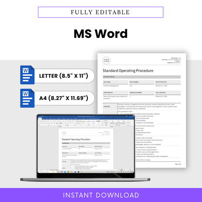 Fully Editable SOP Template in MS Word – Standard Operating Procedure template available in Letter (8.5” x 11”) and A4 (8.27” x 11.69”) sizes. Pre-drafted SOP document with structured sections, including purpose, scope, roles & responsibilities, procedures, compliance documentation, and version history. Easily customizable in Microsoft Word to fit business needs. Ideal for manufacturing, supply chain, and operations management. Instant digital download for quick and efficient implementation.