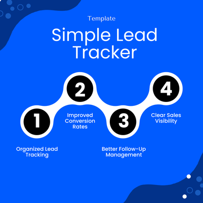 Lead Tracker Template infographic highlighting benefits like organized lead tracking, improved conversion rates, better follow-up management, and clear sales visibility. This business tool helps entrepreneurs and teams optimize their sales process and increase efficiency.