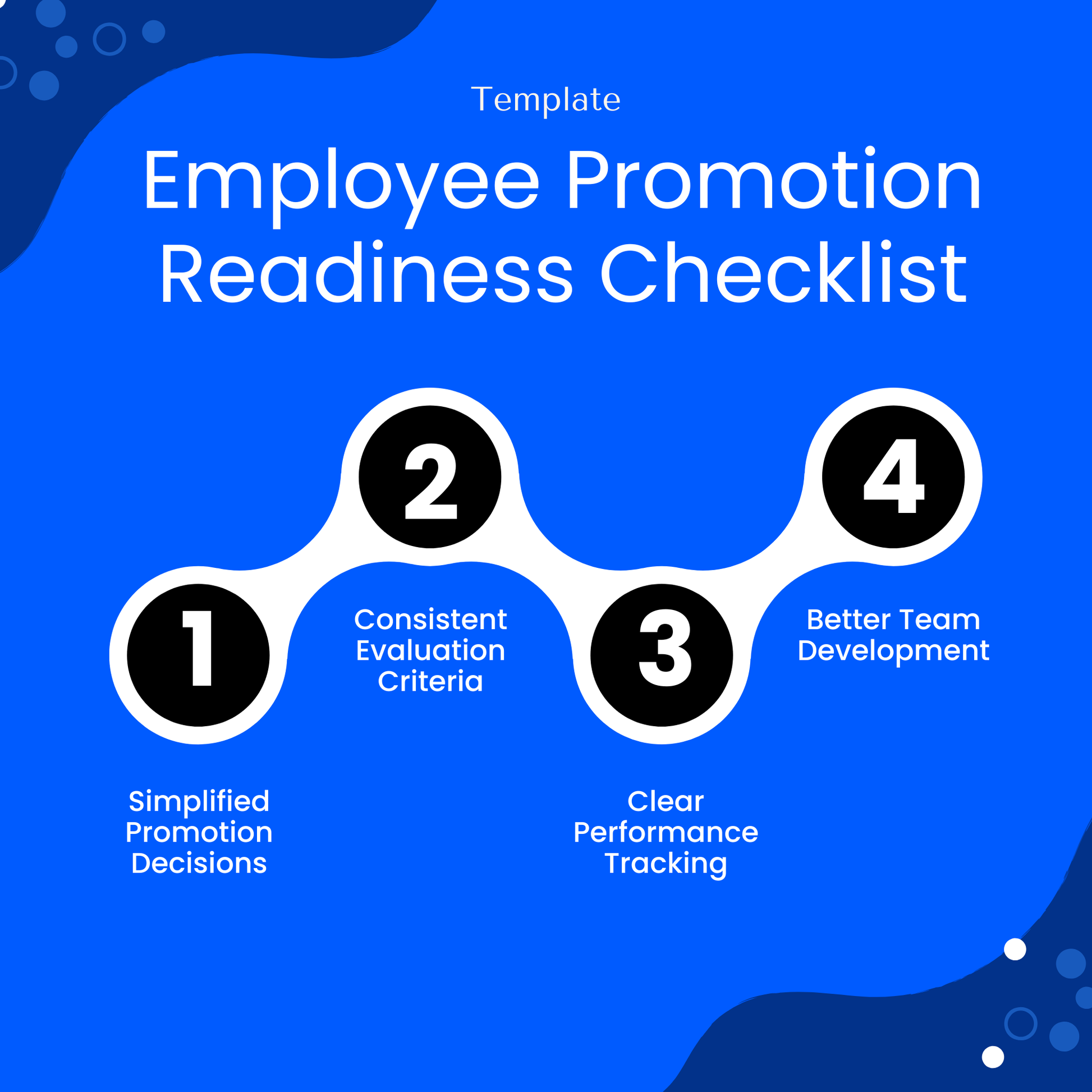 Employee promotion readiness checklist benefits infographic showing simplified promotion decisions, consistent evaluation criteria, performance tracking, and team development