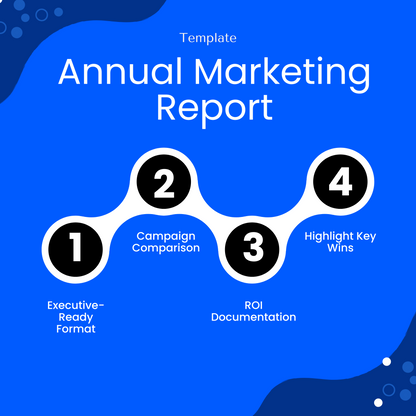 Annual Marketing Report Template illustrated with a modern workflow design showing campaign comparison, ROI documentation, and key wins. This simple marketing report template is ideal for executives and teams looking to present data clearly and professionally.