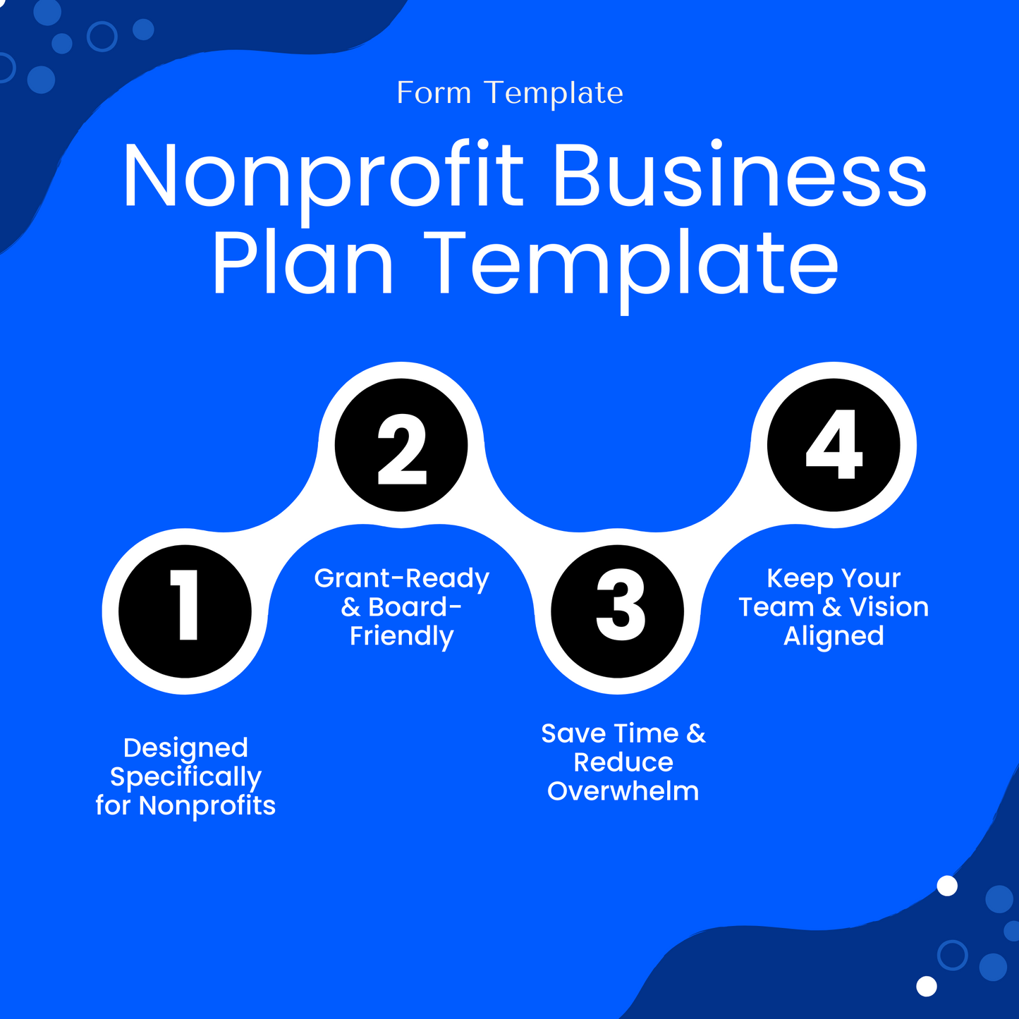 Infographic-style image showing four main benefits of the Nonprofit Business Plan Template: designed for nonprofits, grant-ready and board-friendly, saves time, and keeps team and vision aligned. This Nonprofit Business Plan Template is ideal for non-profit organizations, not-for-profit organizations, non profit organisations, non-profit organisations.