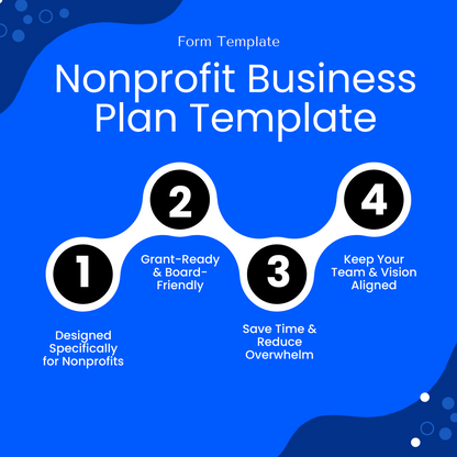 Infographic-style image showing four main benefits of the Nonprofit Business Plan Template: designed for nonprofits, grant-ready and board-friendly, saves time, and keeps team and vision aligned. This Nonprofit Business Plan Template is ideal for non-profit organizations, not-for-profit organizations, non profit organisations, non-profit organisations.