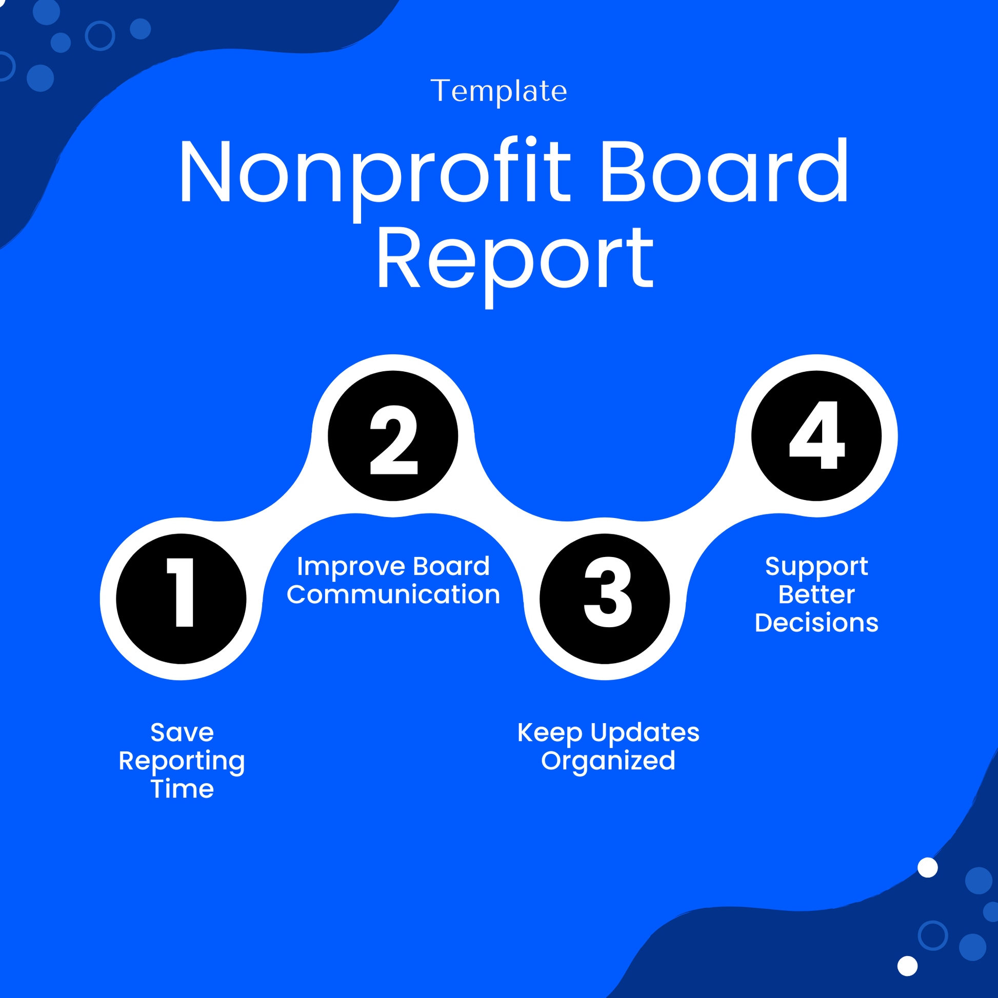 Nonprofit board report template benefits graphic highlighting time-saving reporting, improved board communication, organized updates, and better decision support, presented in a modern blue promotional design for a digital download template