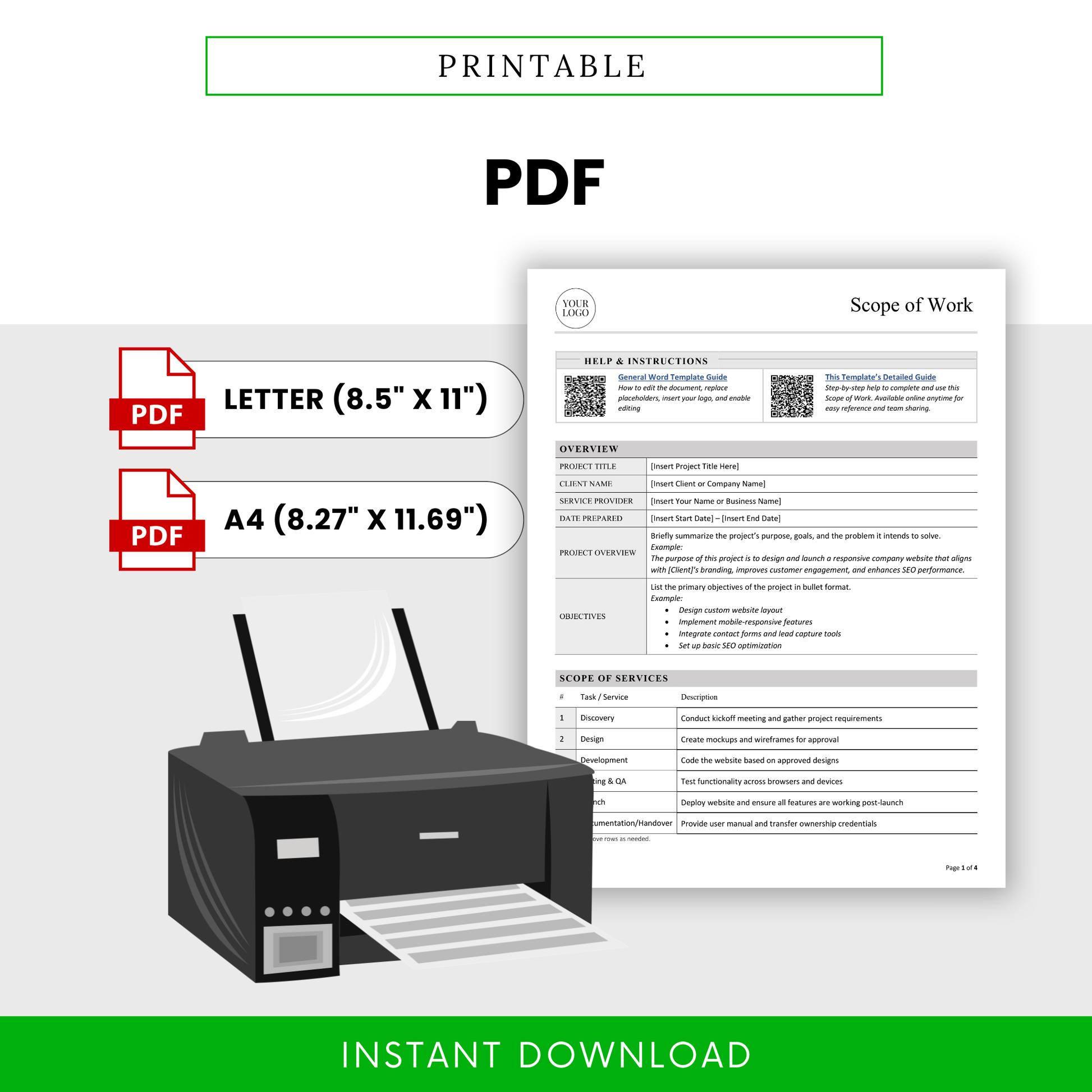 Printable scope of work template in PDF format designed for professional use in Letter and A4 paper sizes