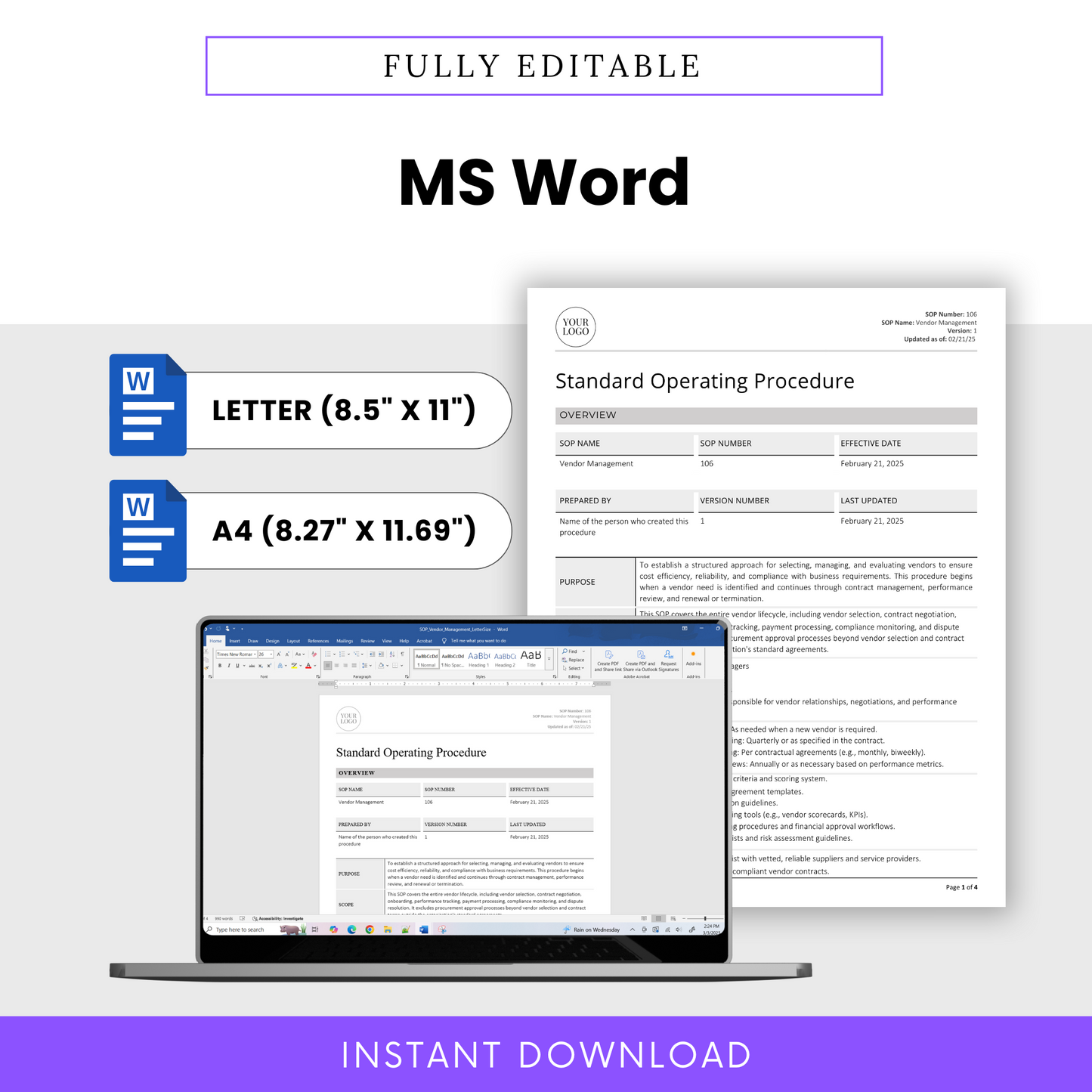 Vendor Management SOP Template (Word & PDF) – Simple Standard Operating Procedure Template