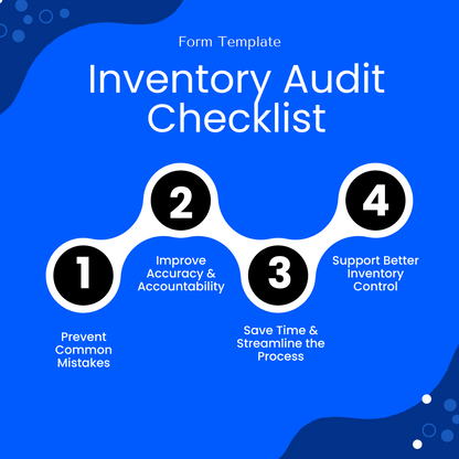 Graphic showing four benefits of using the Inventory Audit Checklist: prevent mistakes, improve accuracy, save time, and support better inventory control. Retailers, warehouses, e-commerce businesses, manufacturers, logistics companies, restaurants, medical offices, and any product-based business that manages physical inventory would benefit from using this template.