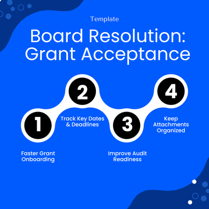 Board resolution grant acceptance template benefits including faster grant onboarding, tracking deadlines, improving audit readiness, and organizing attachments