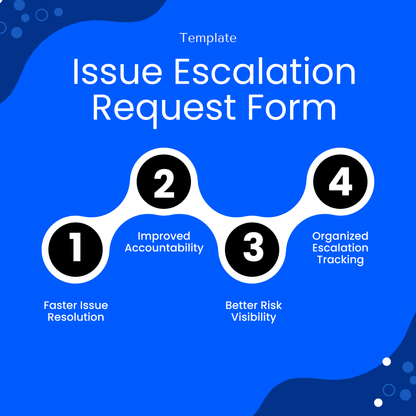 Issue escalation template benefits including faster issue resolution, improved accountability, better risk visibility, and organized escalation tracking