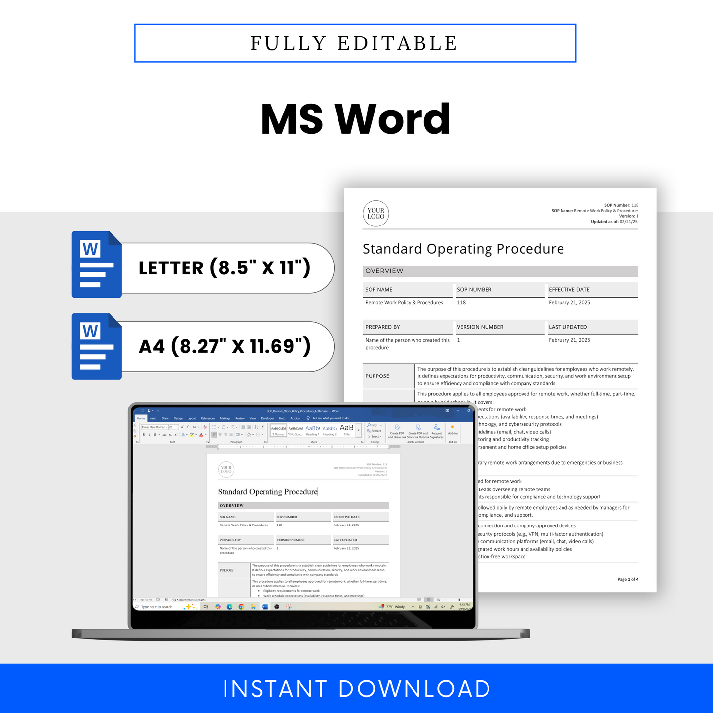 Remote Work Policy & Procedures SOP template in fully editable MS Word doc format. Available in Letter (8.5” x 11”) and A4 (8.27” x 11.69”) sizes. Features a document preview displayed on a laptop screen, emphasizing easy customization. Includes Microsoft Word icons and an 'Instant Download' banner.