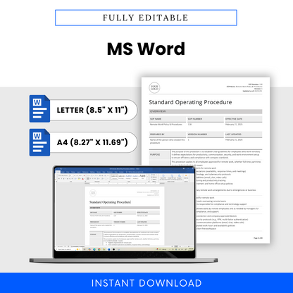 Remote Work Policy & Procedures SOP template in fully editable MS Word doc format. Available in Letter (8.5” x 11”) and A4 (8.27” x 11.69”) sizes. Features a document preview displayed on a laptop screen, emphasizing easy customization. Includes Microsoft Word icons and an 'Instant Download' banner.