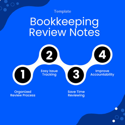 Bookkeeping review notes template infographic highlighting organized review process, easy issue tracking, time-saving workflow, and improved accountability for finance professionals