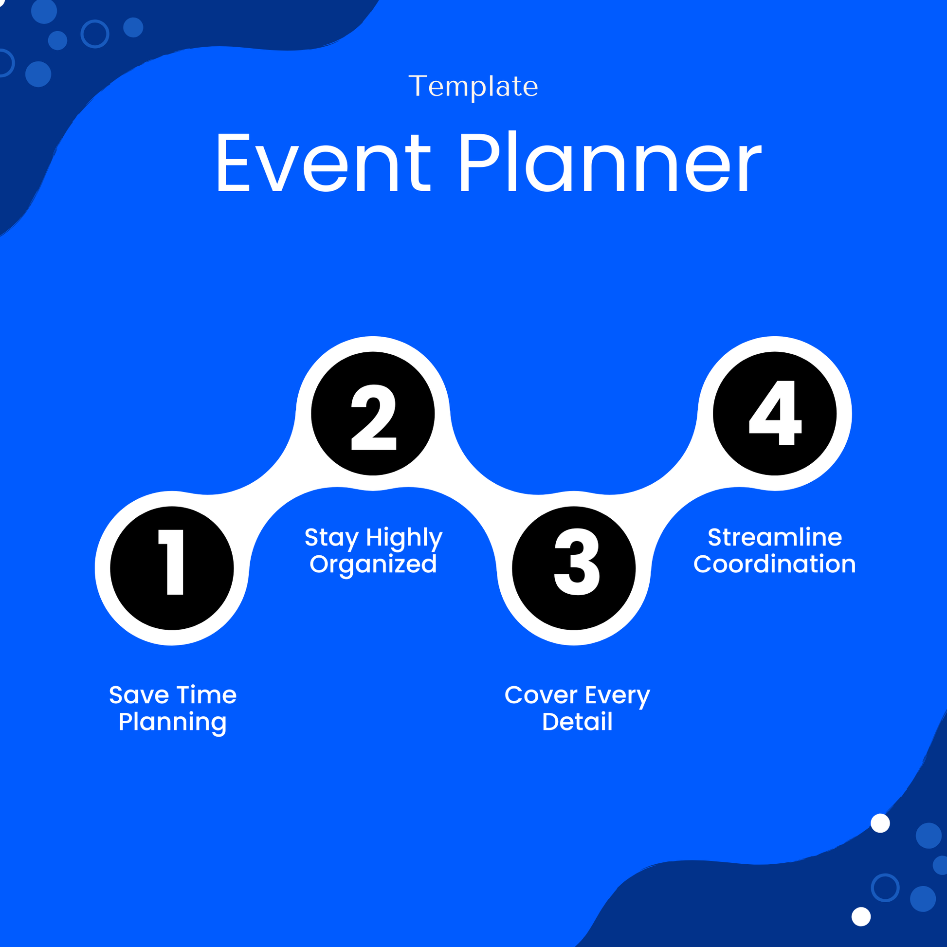 Event planner template benefits illustration highlighting time-saving planning, improved organization, detailed tracking, and streamlined coordination for efficient event management