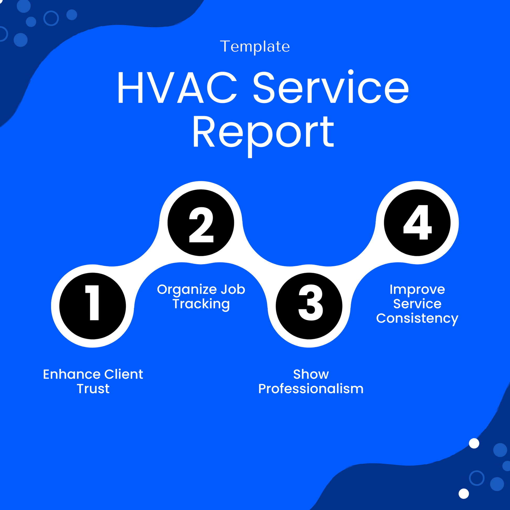 HVAC Service Report template benefits illustrated with icons, highlighting improved job tracking, service consistency, and professionalism. This editable HVAC template is ideal for small businesses and technicians looking to enhance client trust and streamline workflows.