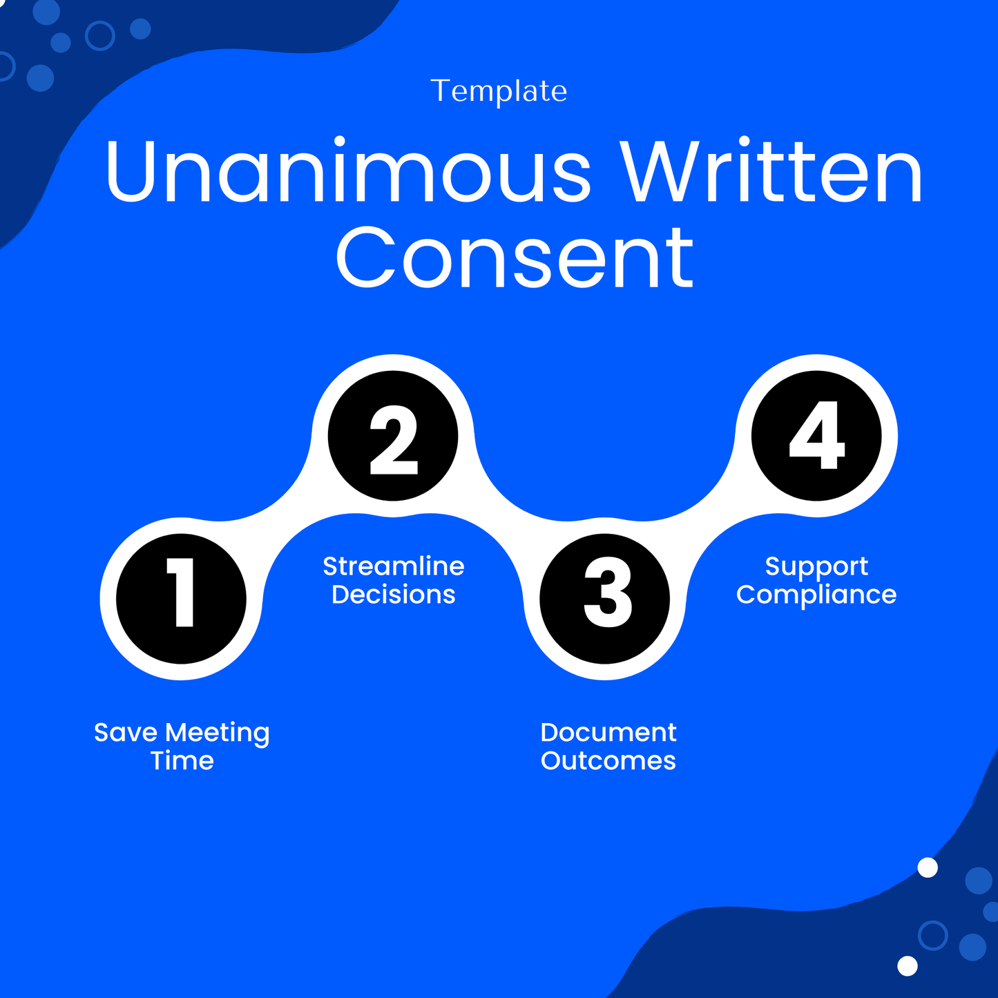 Unanimous written consent template benefits infographic highlighting save meeting time, streamline decisions, document outcomes, and support compliance for nonprofits