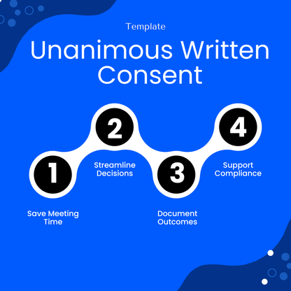 Unanimous written consent template benefits infographic highlighting save meeting time, streamline decisions, document outcomes, and support compliance for nonprofits