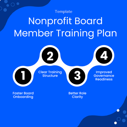 Nonprofit board member training plan template benefits infographic featuring faster board onboarding, clear training structure, better role clarity, and improved governance readiness for nonprofit board members