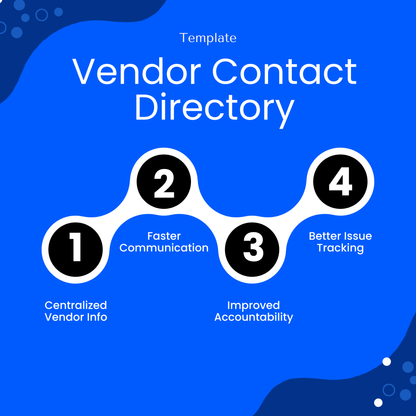 Vendor Contact Directory Template showcasing key benefits like centralized vendor info, faster communication, improved accountability, and better issue tracking. This simple Vendor Contact Directory Template is a powerful tool for businesses looking to improve efficiency and vendor coordination.