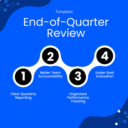 End-of-quarter review template benefits including clear reporting, team accountability, performance tracking, and goal evaluation for business planning