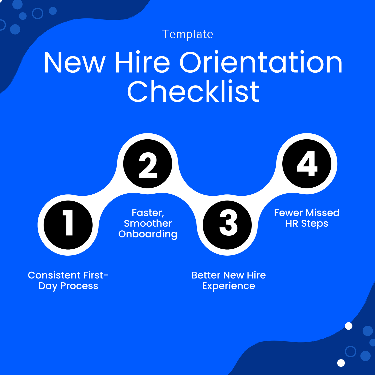 Blue infographic highlighting benefits of onboarding checklist template including consistent first-day process, faster onboarding, improved employee experience, and reduced missed HR steps