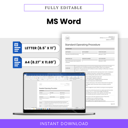 Fully Editable SOP Template in MS Word – Standard Operating Procedure template available in Letter (8.5” x 11”) and A4 (8.27” x 11.69”) sizes. Pre-drafted SOP document with structured sections, including purpose, scope, roles & responsibilities, procedures, compliance documentation, and version history. Easily customizable in Microsoft Word to fit business needs. Ideal for manufacturing, supply chain, and operations management. Instant digital download for quick and efficient implementation.