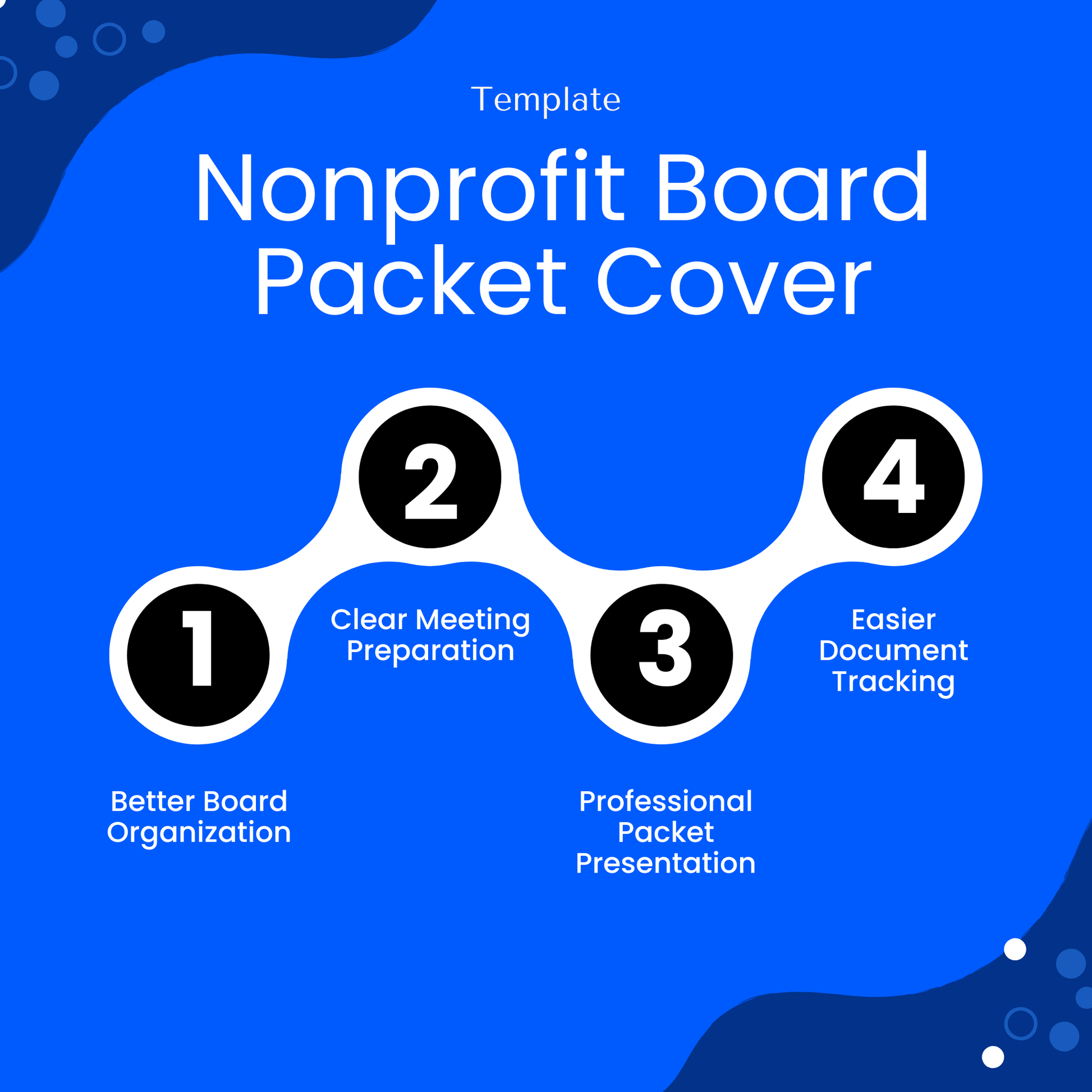 Nonprofit board packet cover template infographic highlighting benefits such as better board organization, clear meeting preparation, professional packet presentation, and easier document tracking for nonprofit board and committee meetings