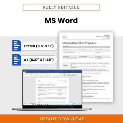 Simple SOP template in fully editable MS Word doc format for IT Incident Response and Reporting. Available in Letter (8.5” x 11”) and A4 (8.27” x 11.69”) sizes. Features a document preview displayed on a laptop screen, emphasizing easy customization. Includes Microsoft Word icons and an 'Instant Download' banner. Ideal for IT asset inventory, asset lifecycle management, IT asset management, and hardware retirement, access requests, new hire onboarding, and employee offboarding.