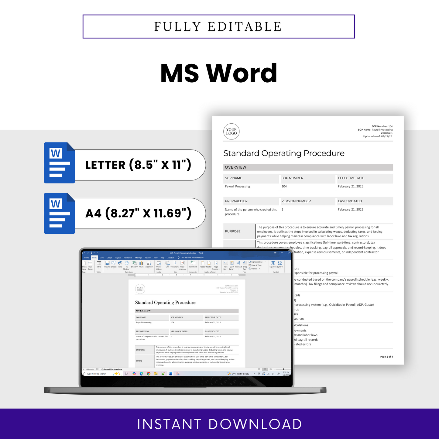 Payroll Processing SOP Template (Word & PDF) – Simple Standard Operating Procedure Template