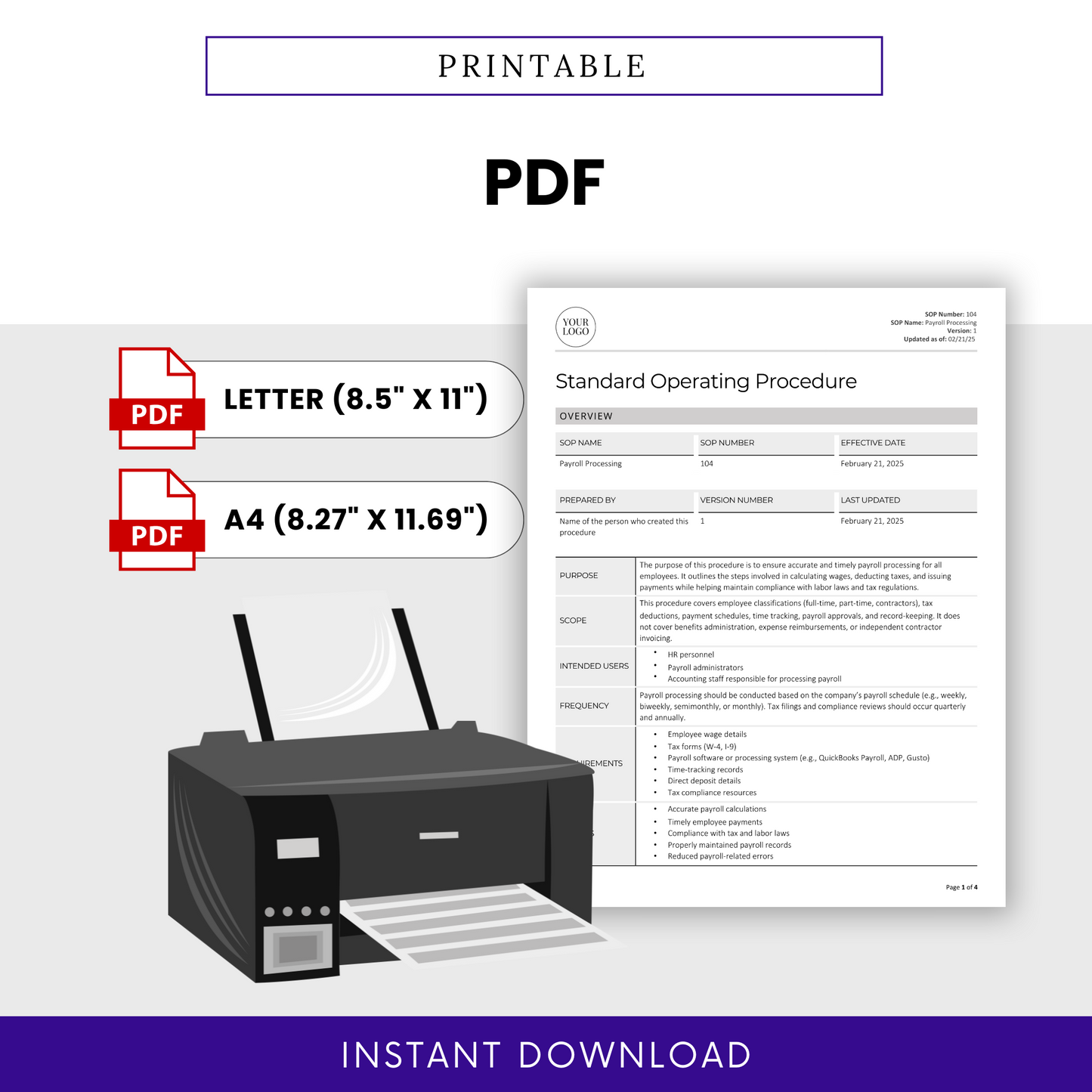 Payroll Processing SOP Template (Word & PDF) – Simple Standard Operating Procedure Template