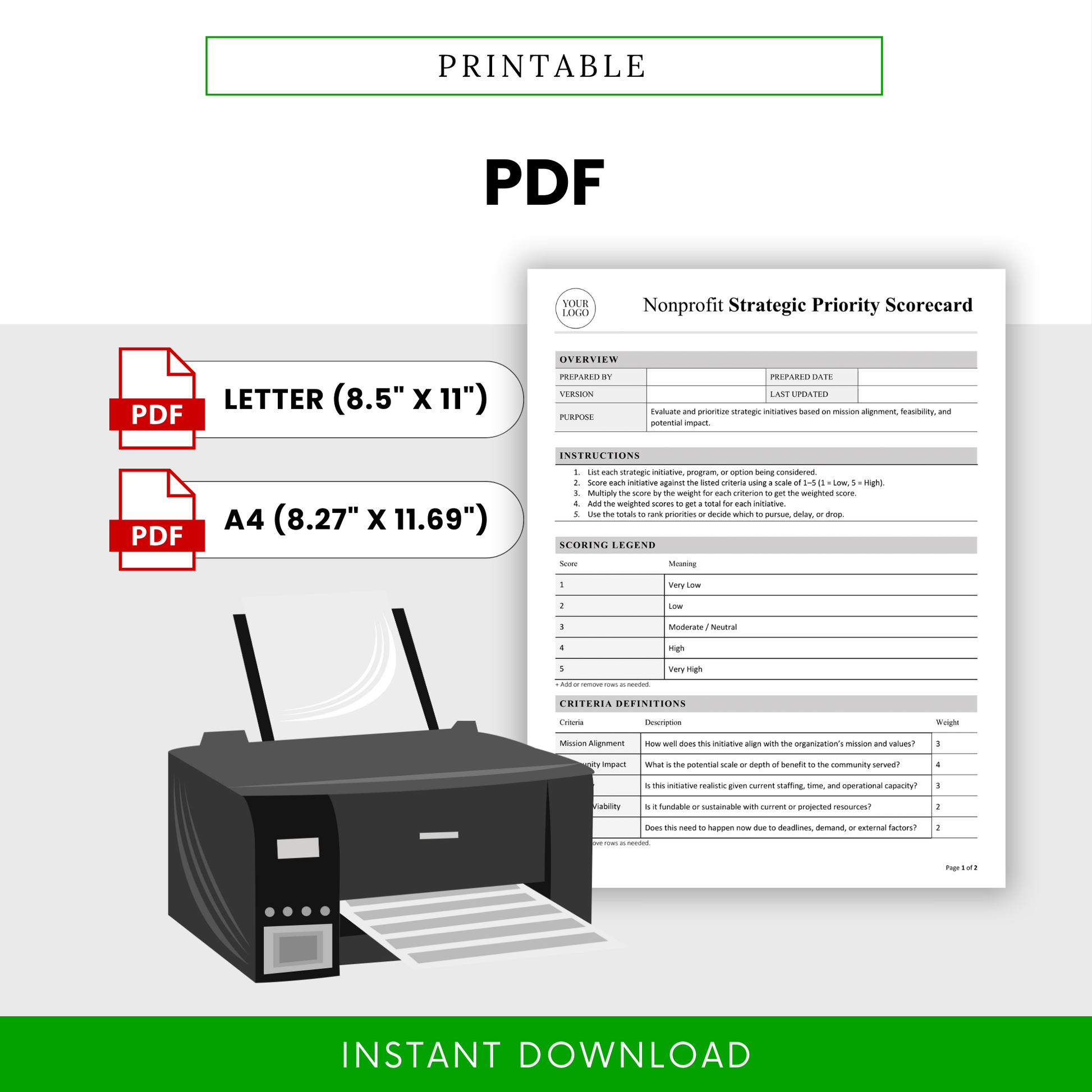 Printable nonprofit planning templates provided in high-quality PDF format, optimized for both US Letter and A4 paper sizes for professional printing and sharing.