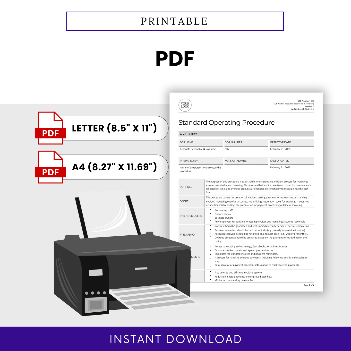 Accounts Receivable & Invoicing SOP Template (Word & PDF) – Simple Standard Operating Procedure Template