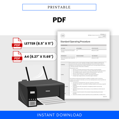 Workplace Harassment & Complaint Handling SOP template in printable PDF format. Available in Letter (8.5” x 11”) and A4 (8.27” x 11.69”) sizes. Features a document preview alongside a printer illustration, emphasizing ease of printing. Includes PDF icons and an 'Instant Download' banner.