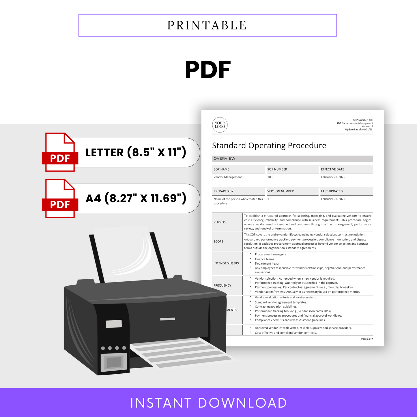 Vendor Management SOP Template (Word & PDF) – Simple Standard Operating Procedure Template