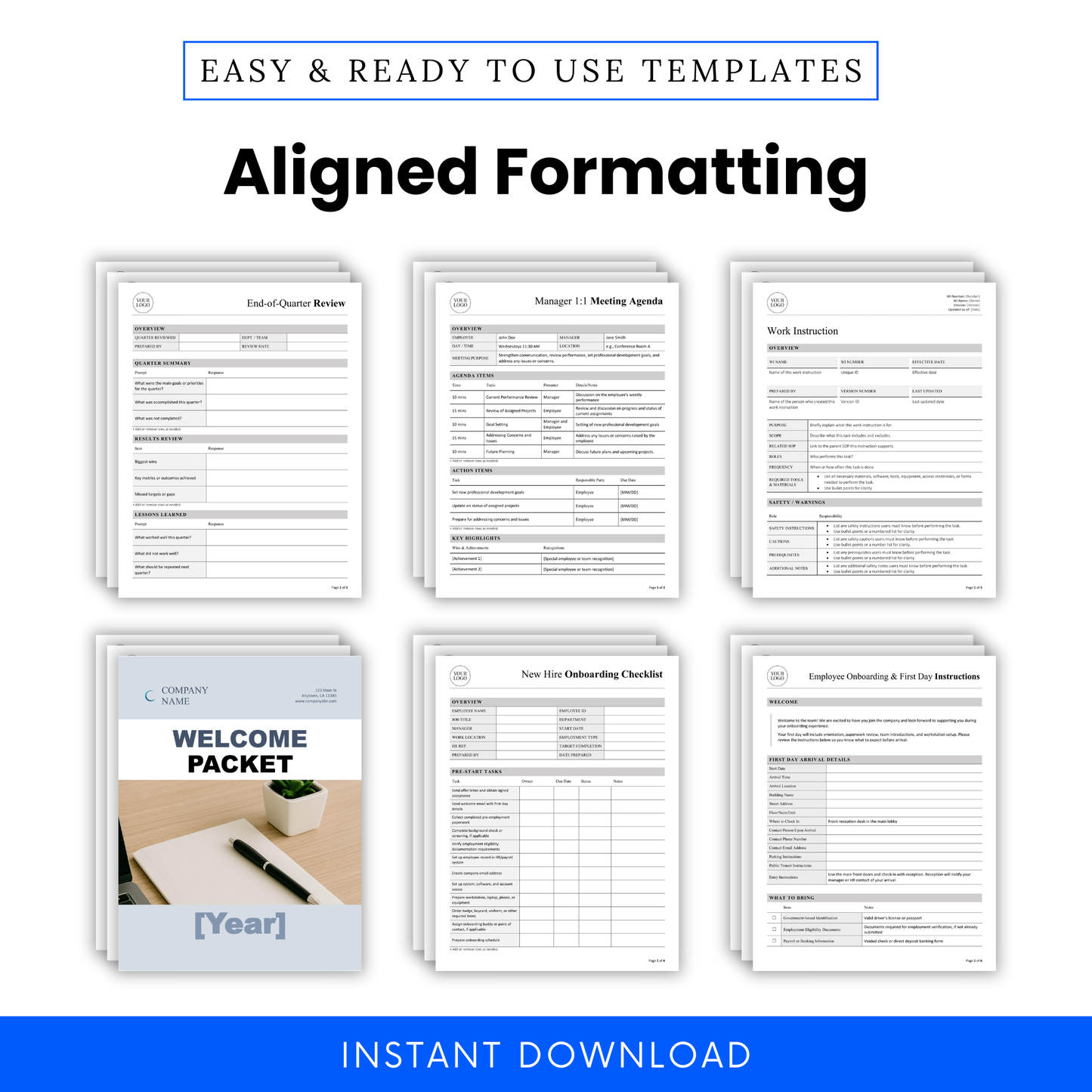 Aligned formatting across QuickBizDocs editable business templates including review forms, meeting agendas, onboarding checklists, and work instructions