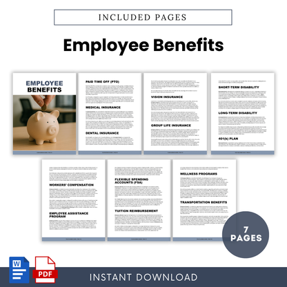 Employee benefits template pages including PTO, health insurance, retirement plans, wellness programs, and compensation benefits, corporate HR document