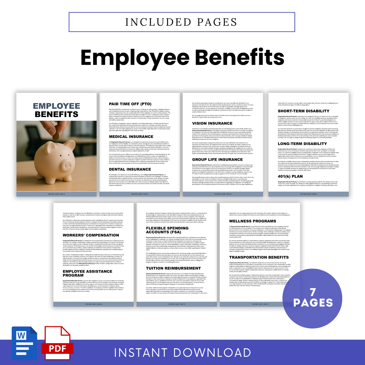 Employee benefits pages outlining compensation, insurance, retirement plans, wellness programs, and additional perks for staff members