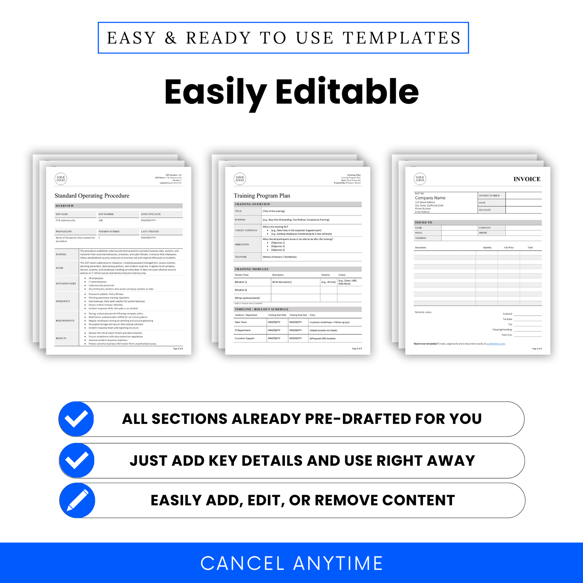 Easily editable QuickBizDocs business templates with pre-drafted sections for SOPs, training plans, invoices, and customizable business documents