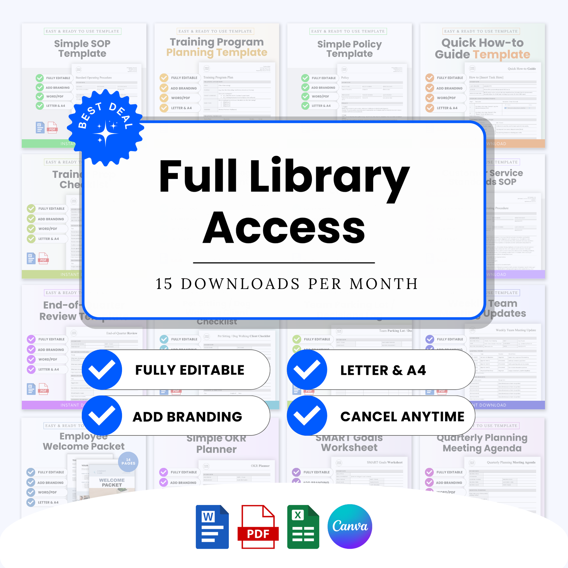 QuickBizDocs full library access with 15 downloads per month including editable Word, PDF, Excel, and Canva business templates