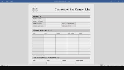 Construction Site Contacts List Template (Word, PDF)