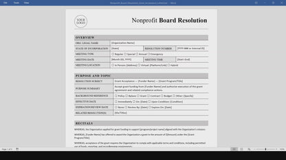 Nonprofit Board Resolution Template: Grant Acceptance (Word, PDF)