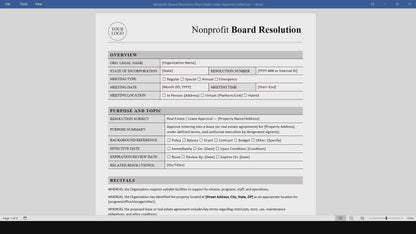 Nonprofit Board Resolution Template: Real Estate & Lease Approval (Word, PDF)