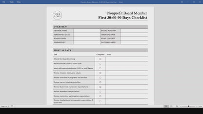 Nonprofit Board Member First 30-60-90 Days Checklist Template (Word, PDF)