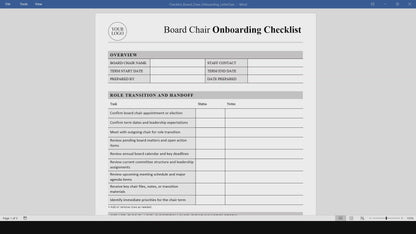 Nonprofit Board Chair Onboarding Checklist Template (Word, PDF)